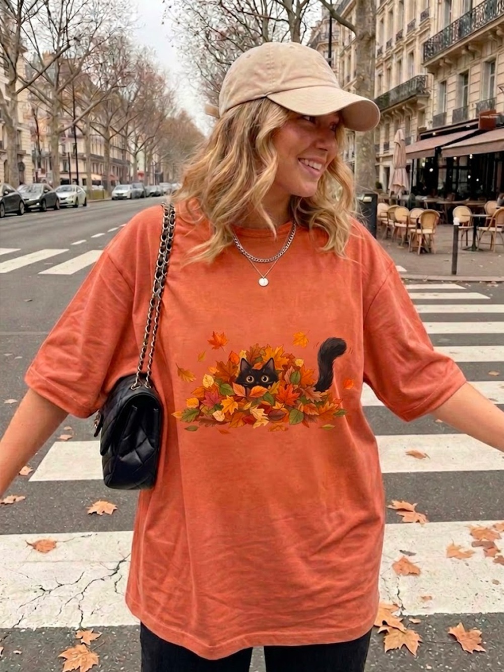 Fall Black Cat Autumn Leaves Orange Comfort Colors T-Shirt - Picture 2 of 4